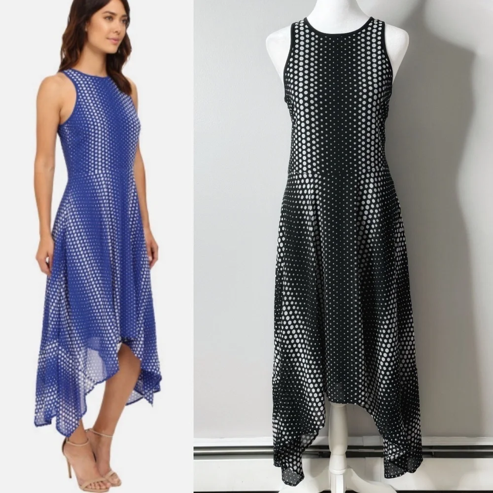 Michael Kors Georgette Dress Handkerchief Hem Black White Ombre Dot Print Size 2